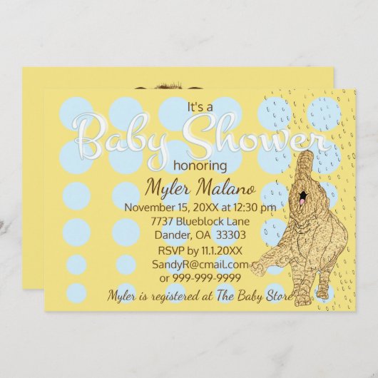 Baby Shower Goud Baby Olifant Blauw Kaart (Voorkant / Achterkant)