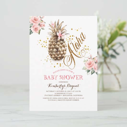 Baby shower goudananasappelroze strand kaart (Staand voorkant)