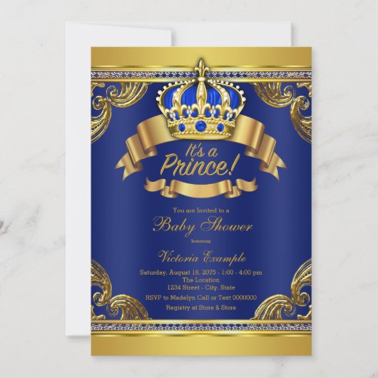 Baby shower gouden kroonkoninklijk blauw prins kaart (Voorkant)