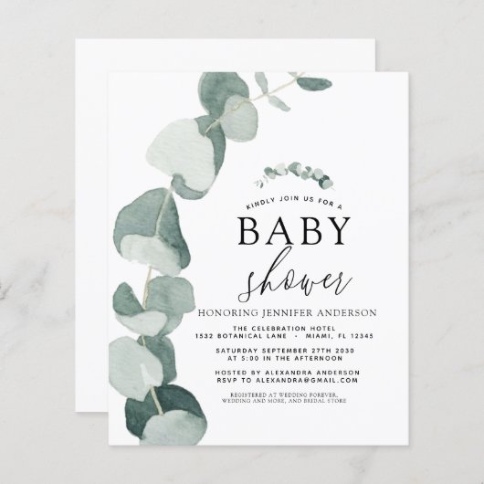 Baby shower Greenery Eucalyptus Invitation (Voorkant / Achterkant)