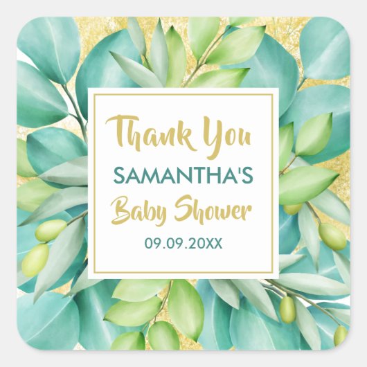 Baby shower Greenery Eucalyptus Leaves Olive Vierkante Sticker (Voorkant)