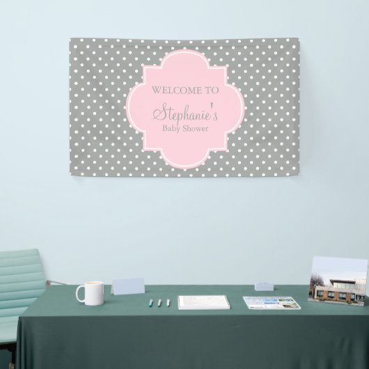 Baby shower grijze, witte en pasteelroze pols spandoek (Beurs)