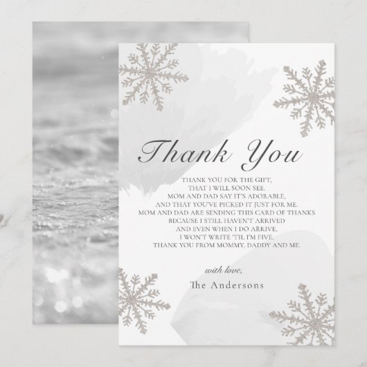 Baby shower gris Silver Snowflakes Carte de remerc (Devant / Derrière)