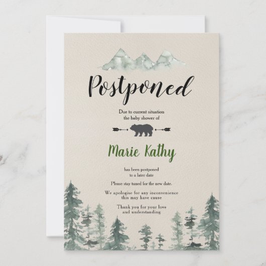 Baby shower groen bos uitgesteld kaart (Voorkant)