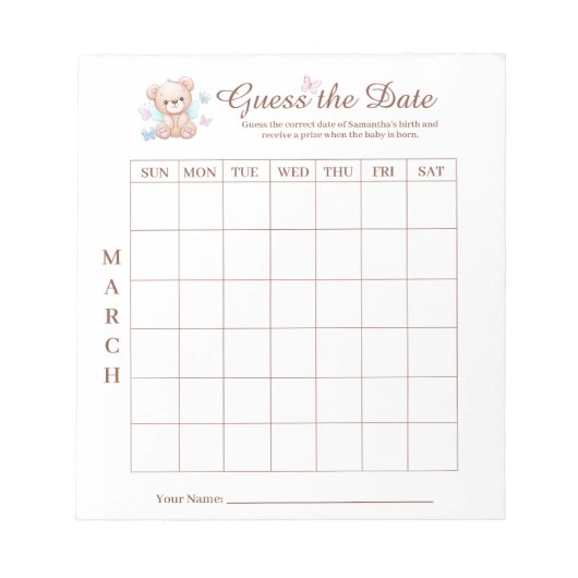 Baby shower Guess de datum spel activiteit Notitie Notitieblok (Voorkant)