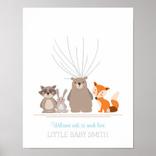 Baby shower guestbook vingerafdruk bosbos blauw poster