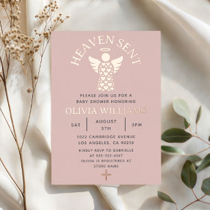 Baby shower Heaven Sent Angel Hearts Roos Gold Folie Uitnodiging