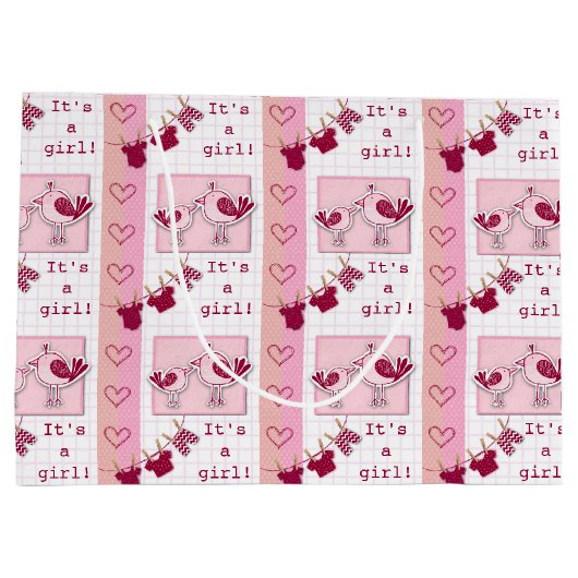 Baby shower Het is een meisje roze vogels Groot Cadeauzakje (Achterkant)