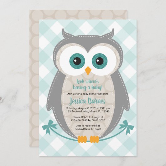 Baby shower Hibou invitation genre neutre bois (Devant / Derrière)