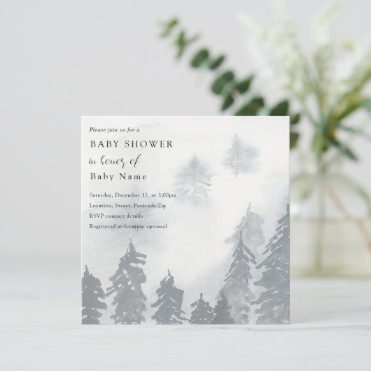 Baby shower hiver enneigé arbres invitation (Debout devant)