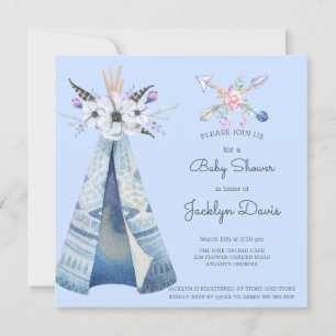 Baby shower Indische tipi veren bloemen blauw Kaart