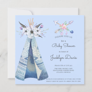 Baby shower Indische tipi veren bloemen blauw Kaart