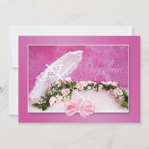 BABY SHOWER-INVITATIE - PINK/PARASOL/ROZEN KAART