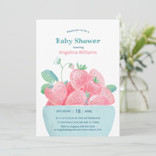 Baby shower invitation avec fraises mignonnes (Debout devant)