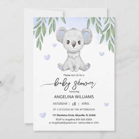Baby shower invitation avec un koala mignon. (Devant)