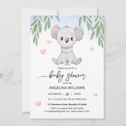 Baby shower invitation avec un koala mignon. (Devant)