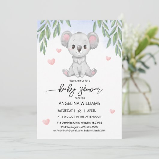 Baby shower invitation avec un koala mignon. (Debout devant)