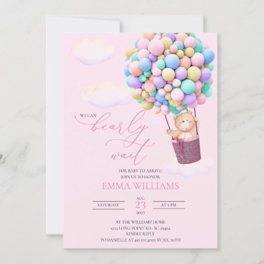 Baby shower Invitation Bear Boloons Bearly Wait! (Devant)