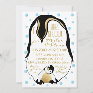 Baby shower Invitation Bleu Bébé et pingouins mama