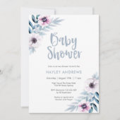 Baby shower invitation bleu violet floraux (Devant)