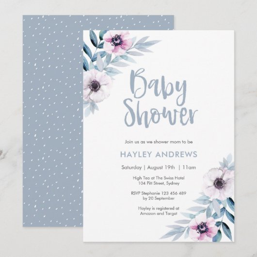 Baby shower invitation bleu violet floraux (Devant / Derrière)
