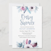 Baby shower invitation bleu violet plumes florales (Devant)