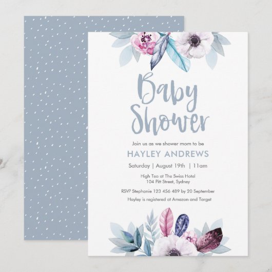 Baby shower invitation bleu violet plumes florales (Devant / Derrière)