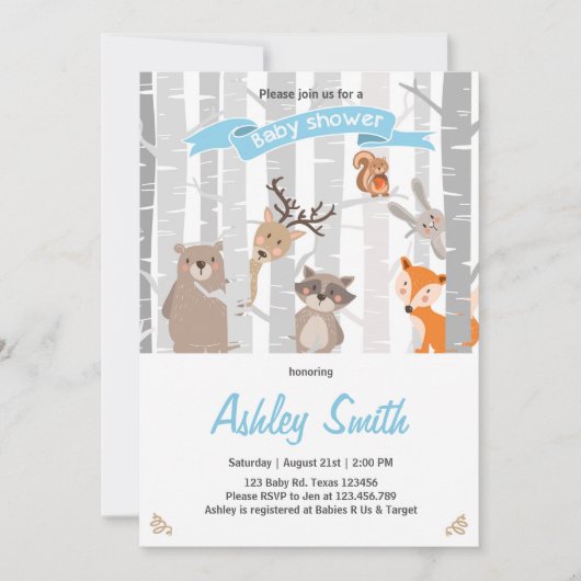 Baby shower invitation Bois Animaux Bois Boy Boy (Devant)