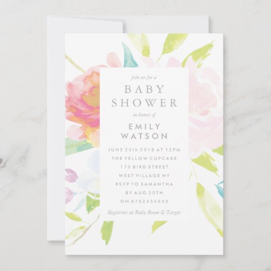 Baby shower Invitation Bright Floral Aquarelle (Devant)