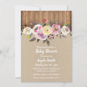 Baby shower Invitation Burlap Floral Rustic Party