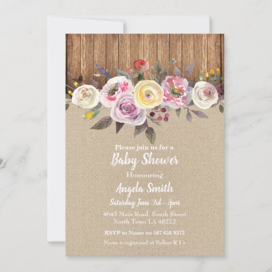 Baby shower Invitation Burlap Wood Floral Rustic P (Devant)