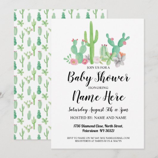 Baby shower Invitation Cactus Imprimer Aquarelle (Devant / Derrière)