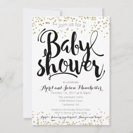 Baby shower Invitation Card, Black White & Gold (Devant)