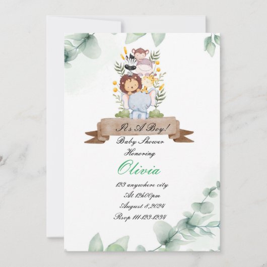 BABY SHOWER INVITATION CARTE SAFARI ANIMAUX (Devant)