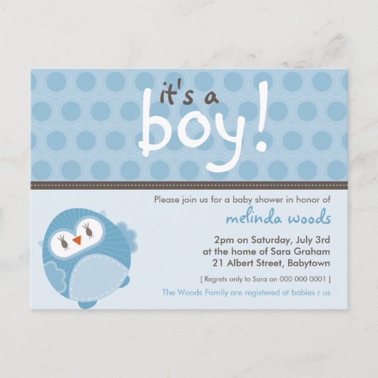 BABY SHOWER INVITATION :: c'est un hibou garçon 7 (Devant)
