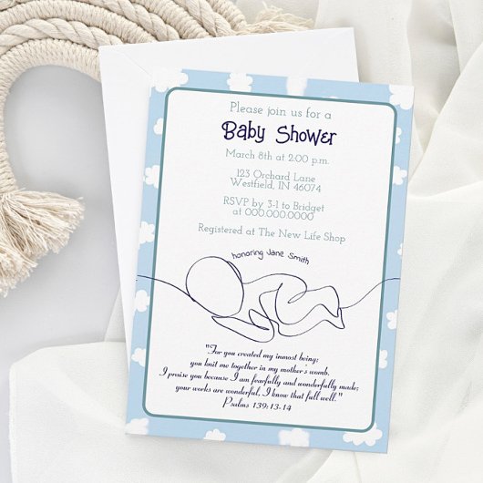 Baby shower Invitation Clouds Blue Sky Bijbelvers Kaart