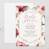 Baby shower Invitation de Peonies de Bourgogne ros (Devant / Derrière)