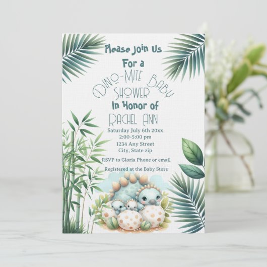 Baby Shower Invitation Dinosaur Dino Mite Party (Debout devant)