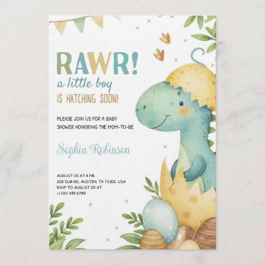 Baby shower invitation featuring a dinosaur (Devant)