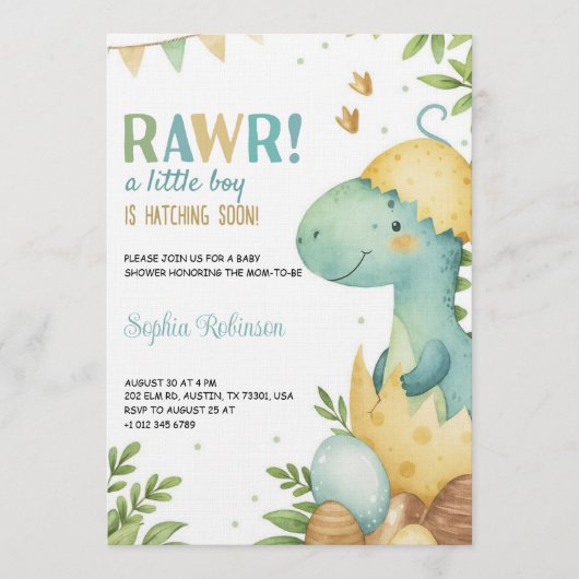 Baby shower invitation featuring a dinosaur (Devant)