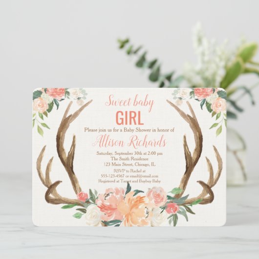 Baby shower invitation fille Antler boho rustique (Debout devant)