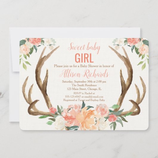 Baby shower invitation fille Antler boho rustique (Devant)