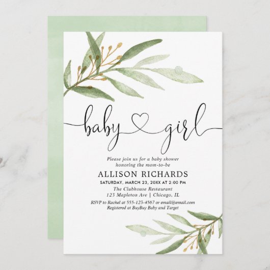 Baby shower invitation fille simple vert moderne (Devant / Derrière)