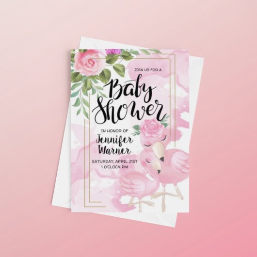 Baby shower | Invitation Flamant rose d'aquarelle