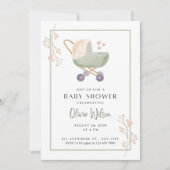 baby shower invitation fleurs vertes pram (Devant)