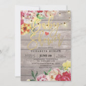 Baby shower Invitation Floral Wood & String Lights Kaart (Voorkant)
