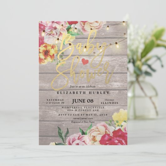 Baby shower Invitation Floral Wood & String Lights Kaart (Staand voorkant)