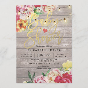 Baby shower Invitation Floral Wood & String Lights Kaart