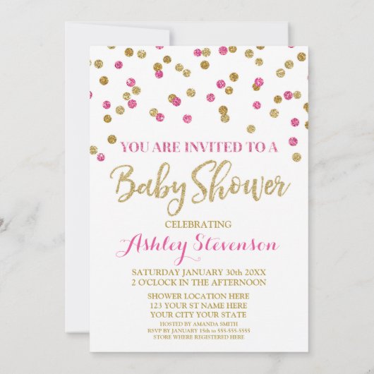 baby shower Invitation Gold Pink Fuchsia Confetti Kaart (Achterkant)
