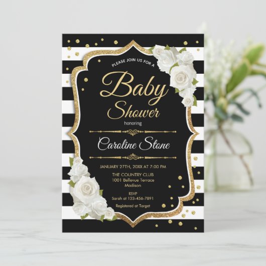 Baby shower Invitation Gold Zwart Wit Kaart (Staand voorkant)